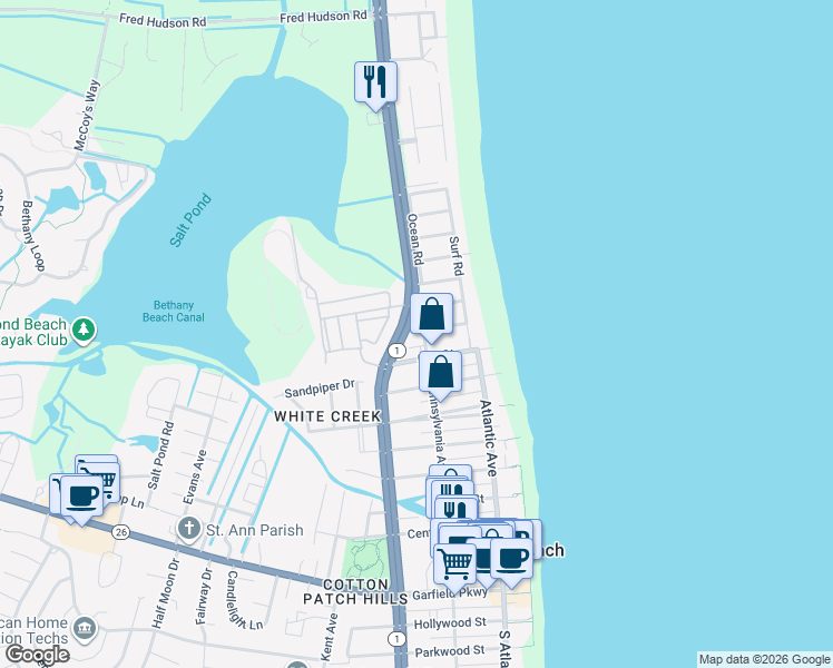 map of restaurants, bars, coffee shops, grocery stores, and more near 209 5th Street in Bethany Beach