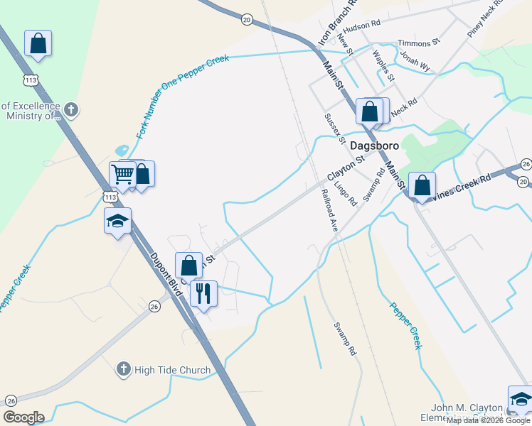 map of restaurants, bars, coffee shops, grocery stores, and more near 28373 Clayton Street in Dagsboro