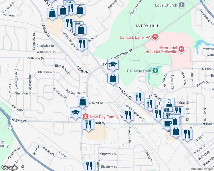 map of restaurants, bars, coffee shops, grocery stores, and more near 30 South 54th Street in Belleville