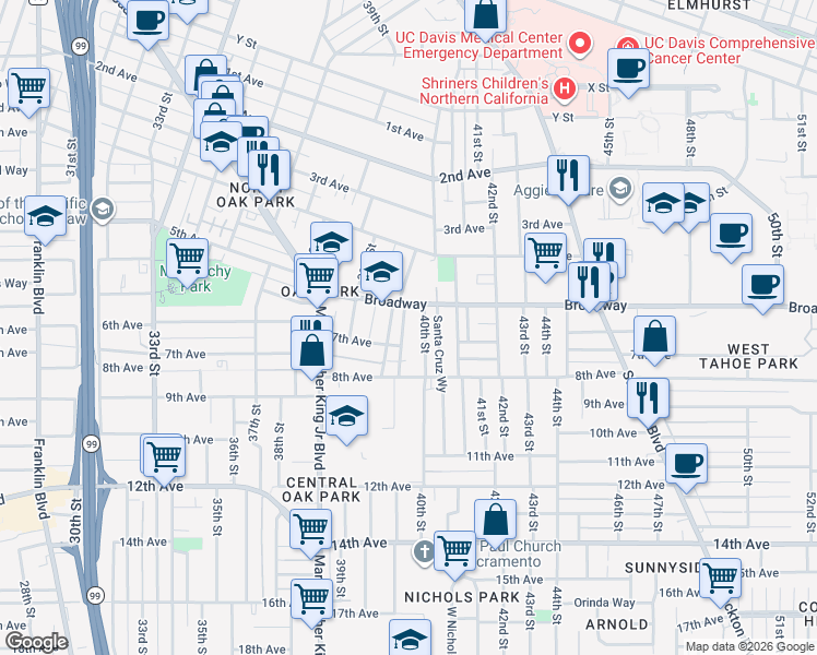 map of restaurants, bars, coffee shops, grocery stores, and more near 3041 San Carlos Way in Sacramento