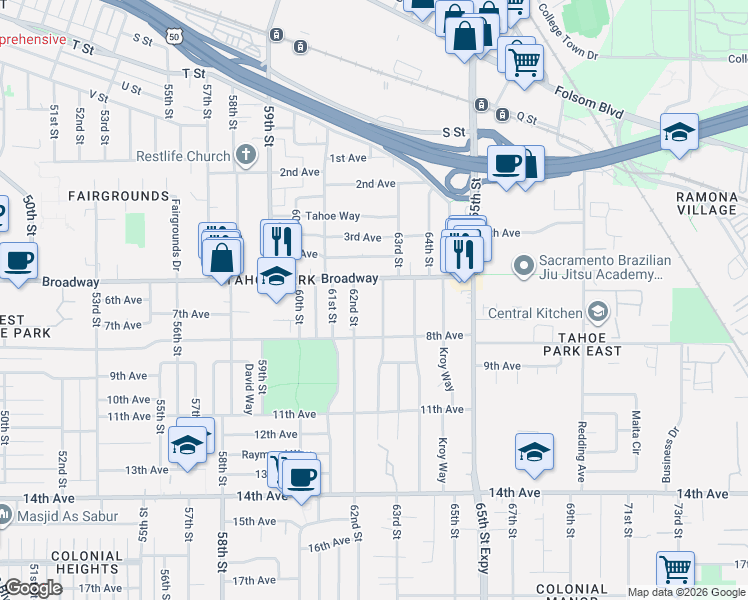 map of restaurants, bars, coffee shops, grocery stores, and more near 3133 62nd Street in Sacramento
