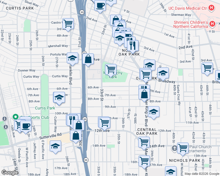 map of restaurants, bars, coffee shops, grocery stores, and more near 3409 7th Avenue in Sacramento
