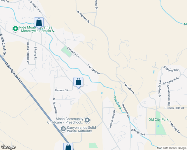 map of restaurants, bars, coffee shops, grocery stores, and more near 1750 South Murphy Lane in Moab