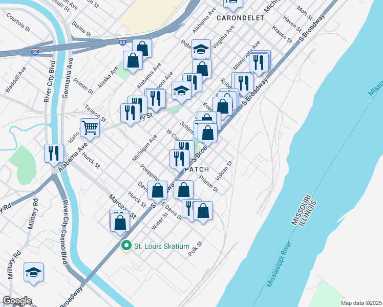 map of restaurants, bars, coffee shops, grocery stores, and more near 110 Courtois Street in St. Louis