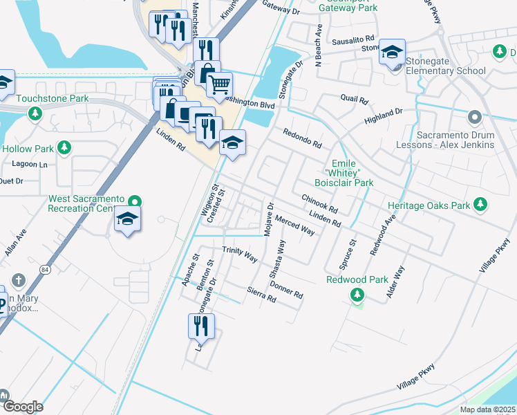 map of restaurants, bars, coffee shops, grocery stores, and more near 2922 Condor Street in West Sacramento