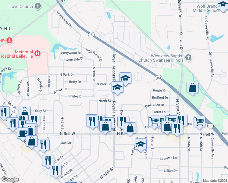 map of restaurants, bars, coffee shops, grocery stores, and more near 840 Royal Heights Road in Belleville
