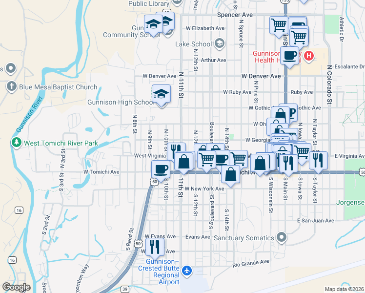 map of restaurants, bars, coffee shops, grocery stores, and more near 777 West Georgia Avenue in Gunnison