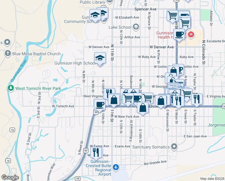 map of restaurants, bars, coffee shops, grocery stores, and more near 777 West Georgia Avenue in Gunnison