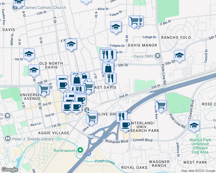 map of restaurants, bars, coffee shops, grocery stores, and more near in Davis