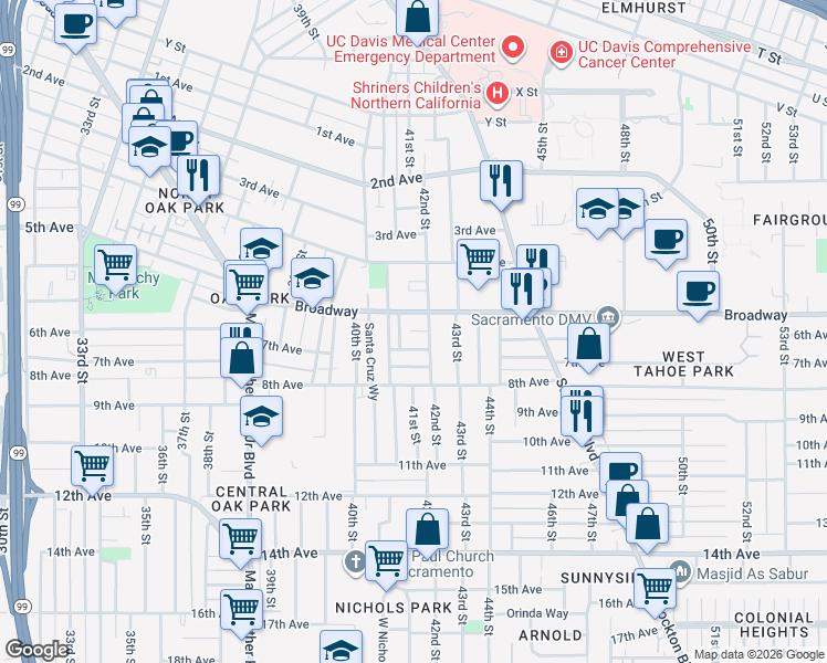 map of restaurants, bars, coffee shops, grocery stores, and more near 3200 42nd Street in Sacramento