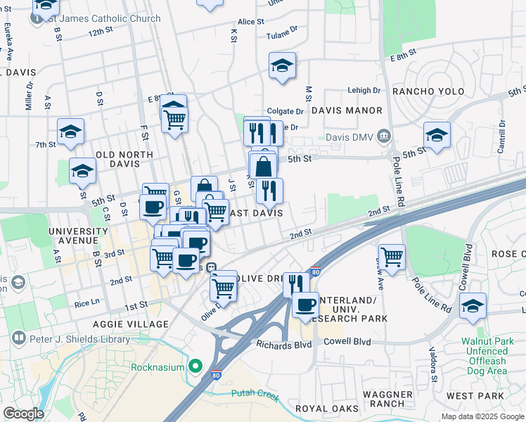 map of restaurants, bars, coffee shops, grocery stores, and more near in Davis