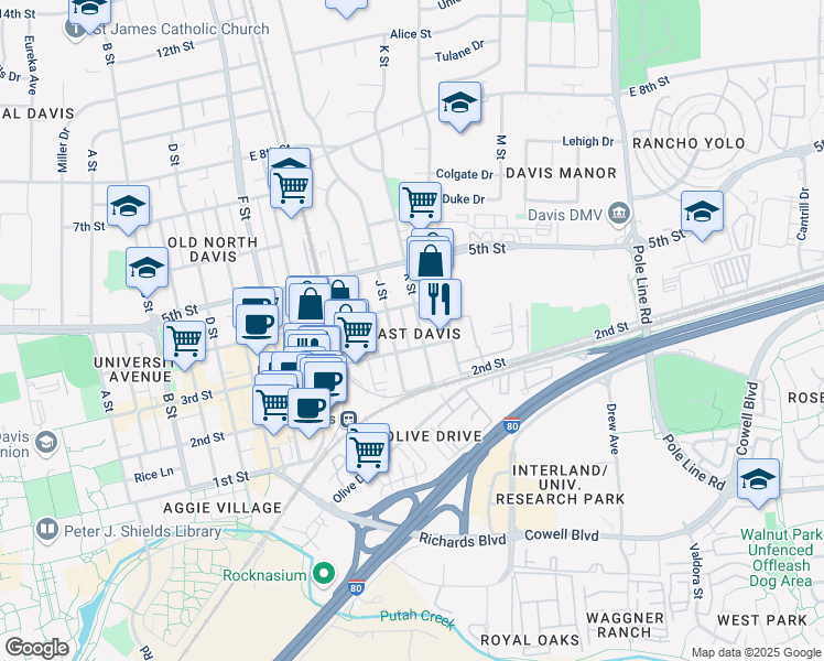 map of restaurants, bars, coffee shops, grocery stores, and more near 234 J Street in Davis