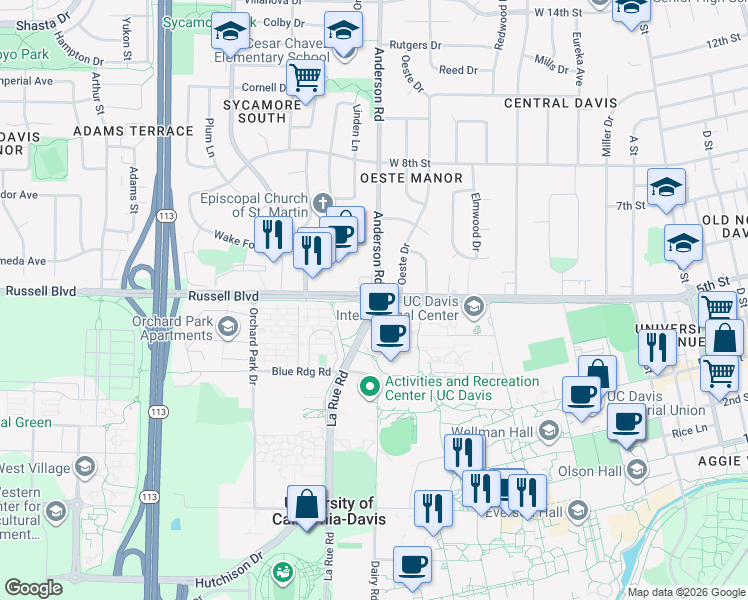 map of restaurants, bars, coffee shops, grocery stores, and more near 467-483 La Rue Road in Davis