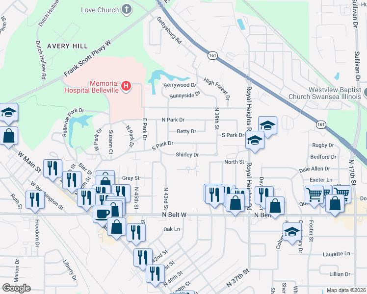 map of restaurants, bars, coffee shops, grocery stores, and more near 4104 Shirley Drive in Belleville