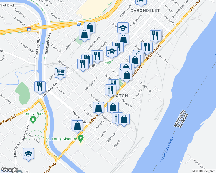 map of restaurants, bars, coffee shops, grocery stores, and more near 7906 Pennsylvania Avenue in St. Louis