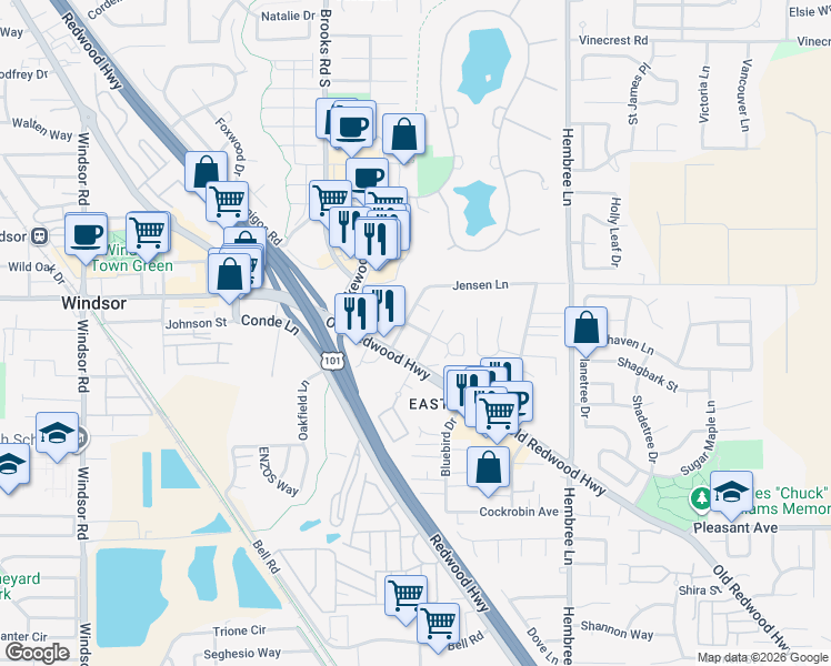 map of restaurants, bars, coffee shops, grocery stores, and more near 30 2nd Street in Windsor