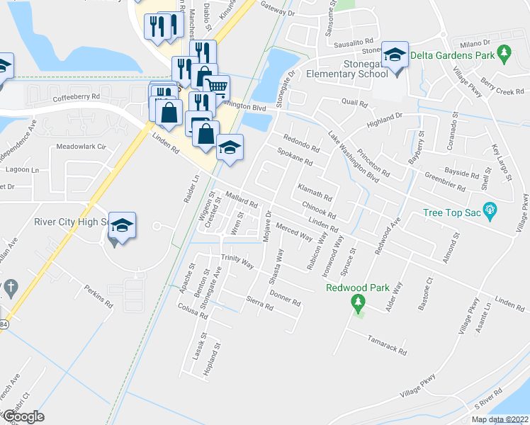 map of restaurants, bars, coffee shops, grocery stores, and more near 2864 Mojave Drive in West Sacramento