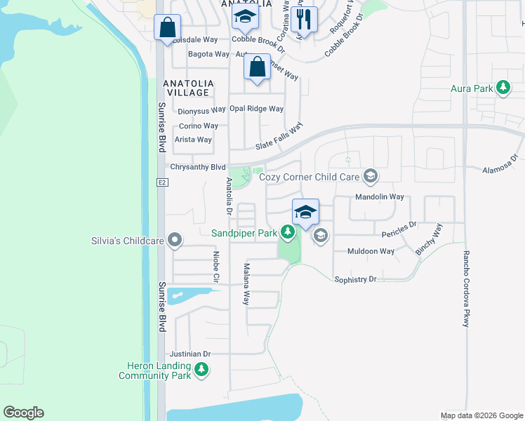 map of restaurants, bars, coffee shops, grocery stores, and more near 4289 Steccato Drive in Rancho Cordova