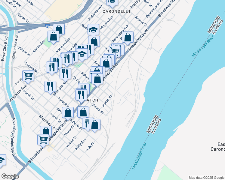 map of restaurants, bars, coffee shops, grocery stores, and more near 218 East Steins Street in St. Louis