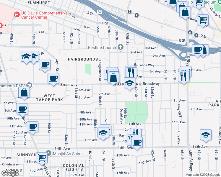 map of restaurants, bars, coffee shops, grocery stores, and more near 5791 Broadway in Sacramento