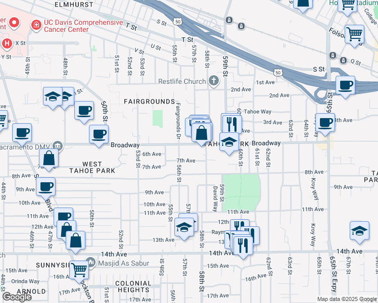 map of restaurants, bars, coffee shops, grocery stores, and more near in Sacramento