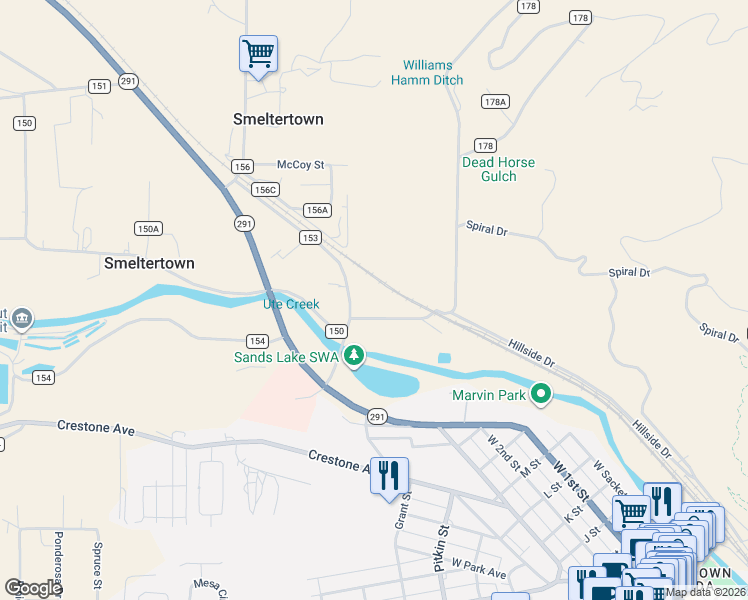 map of restaurants, bars, coffee shops, grocery stores, and more near 8705 County Road 175 in Salida