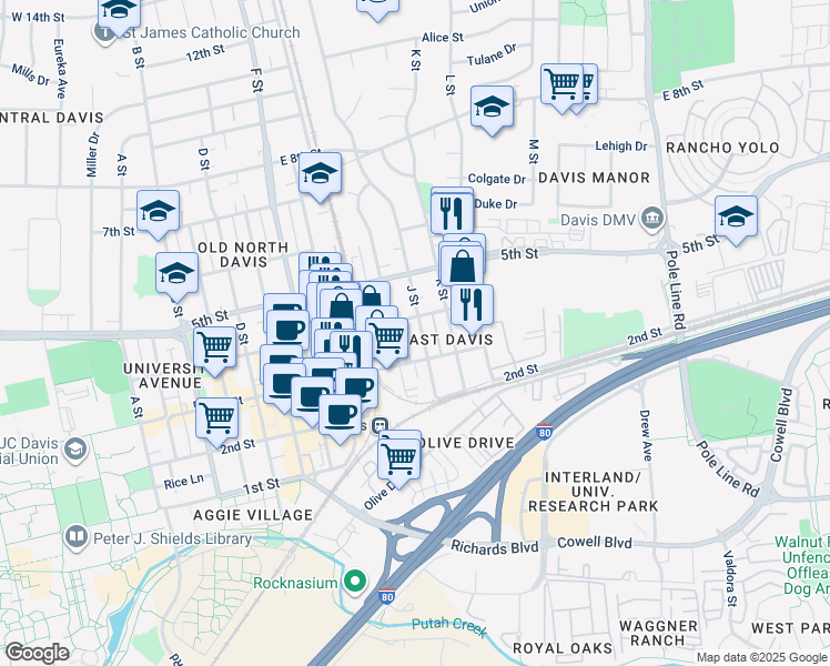map of restaurants, bars, coffee shops, grocery stores, and more near 337 J Street in Davis