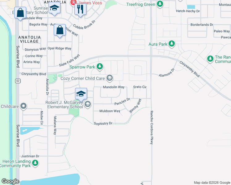 map of restaurants, bars, coffee shops, grocery stores, and more near 12001 Mandolin Way in Rancho Cordova