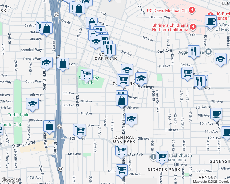 map of restaurants, bars, coffee shops, grocery stores, and more near 3801 Bigler Way in Sacramento