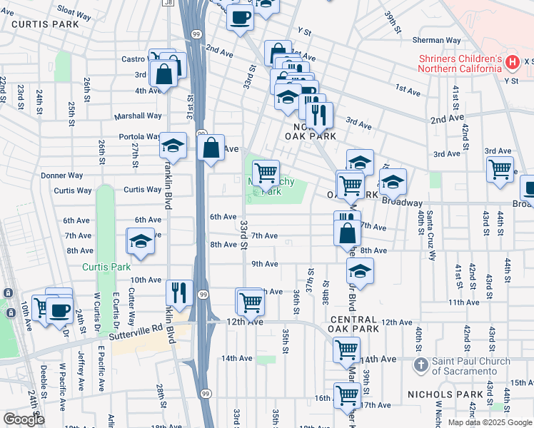 map of restaurants, bars, coffee shops, grocery stores, and more near 3417 6th Avenue in Sacramento