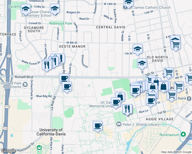 map of restaurants, bars, coffee shops, grocery stores, and more near in Davis