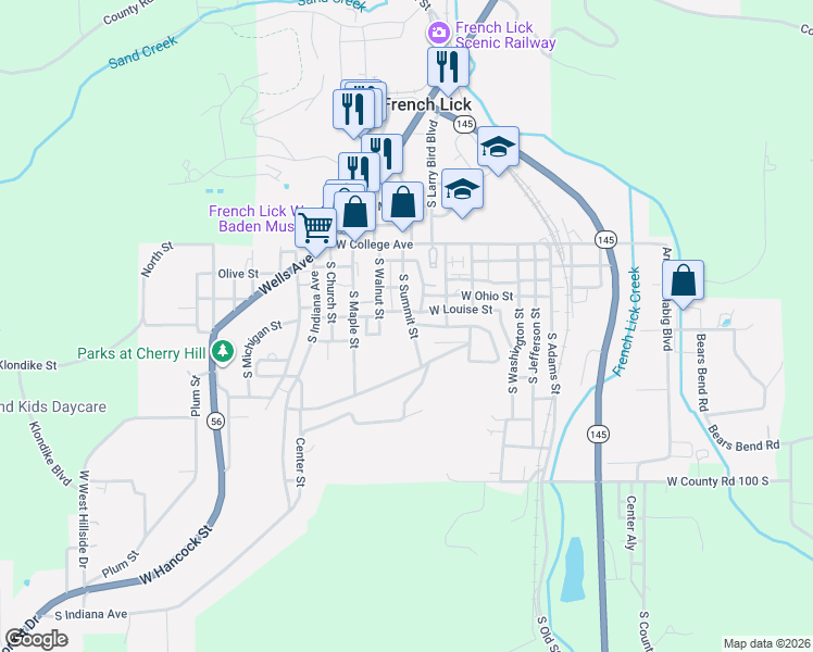 map of restaurants, bars, coffee shops, grocery stores, and more near 8506 Louise St in French Lick