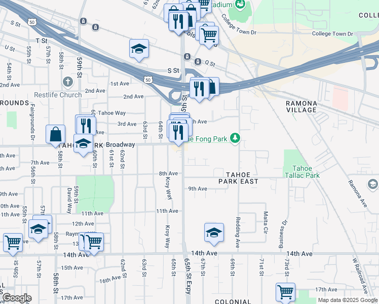 map of restaurants, bars, coffee shops, grocery stores, and more near 2992 65th Street in Sacramento