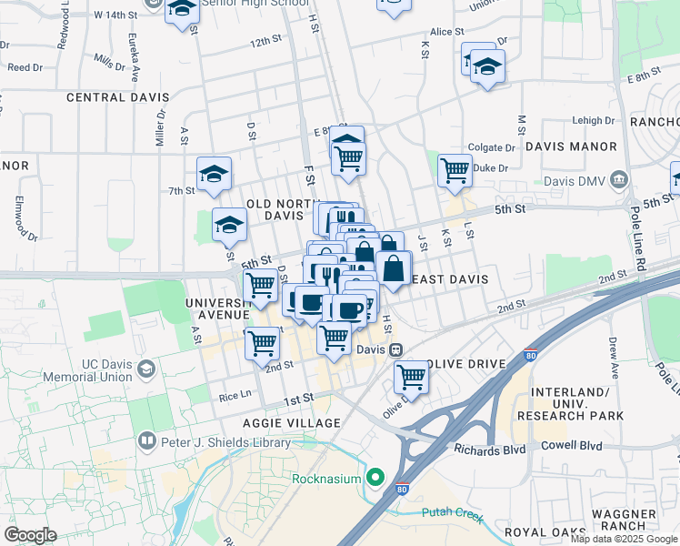 map of restaurants, bars, coffee shops, grocery stores, and more near 425 G Street in Davis