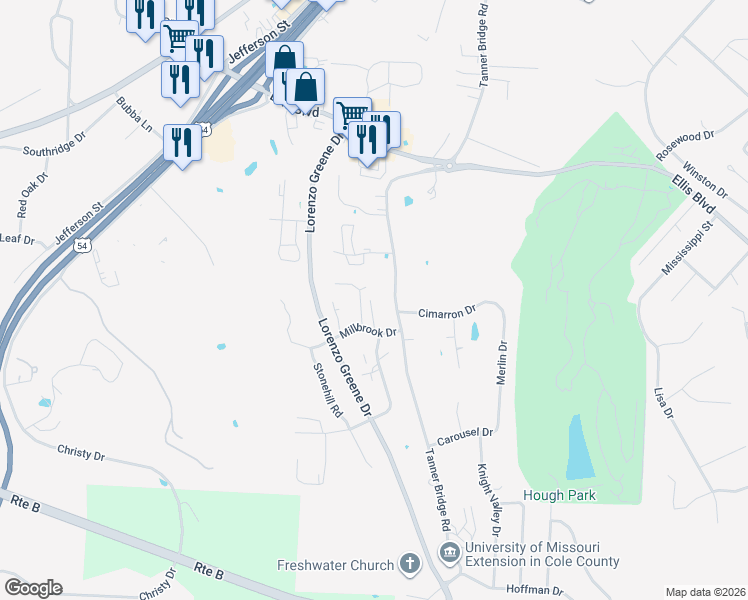map of restaurants, bars, coffee shops, grocery stores, and more near 2100 Tanner Bridge Road in Jefferson City