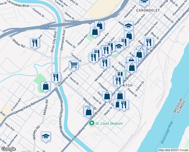 map of restaurants, bars, coffee shops, grocery stores, and more near 8011 Virginia Avenue in St. Louis