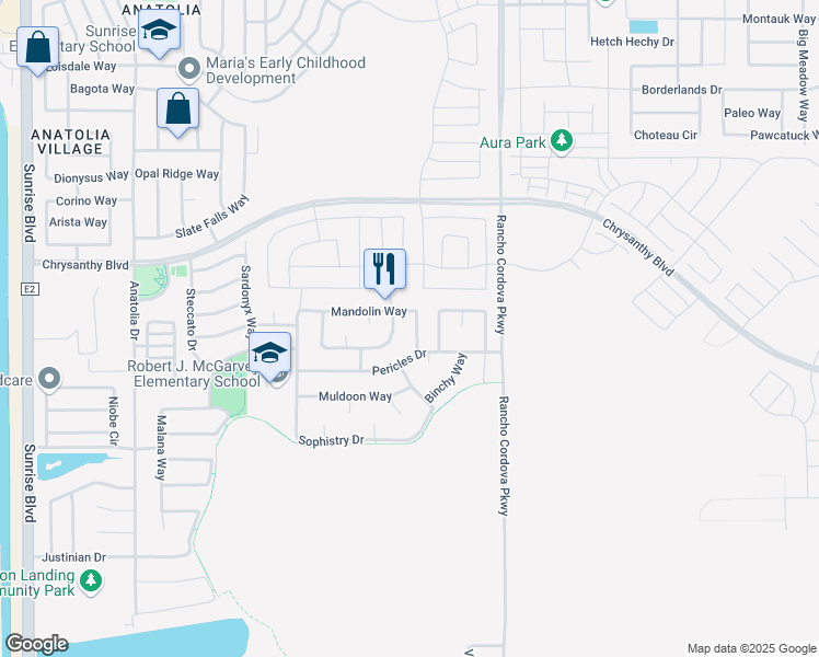 map of restaurants, bars, coffee shops, grocery stores, and more near 12028 Mandolin Way in Rancho Cordova