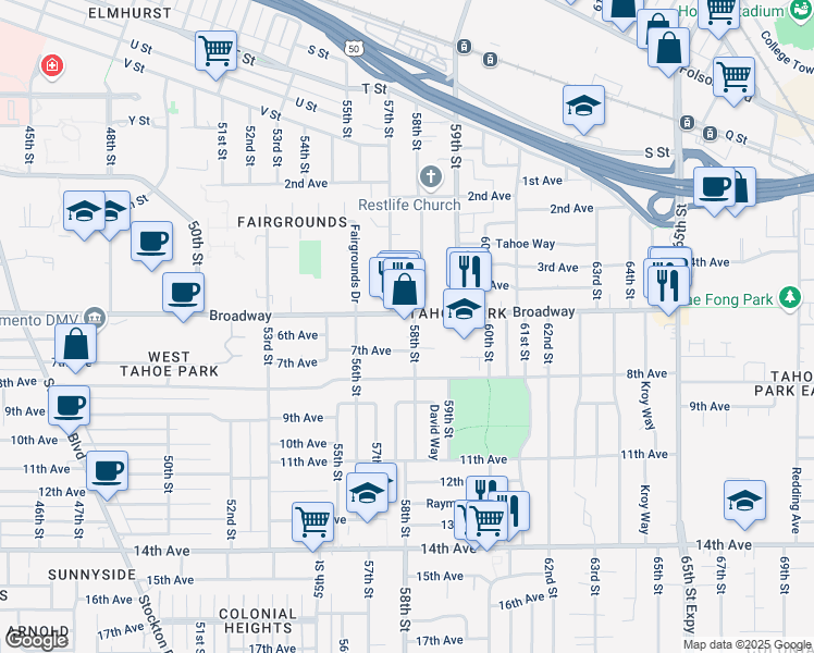 map of restaurants, bars, coffee shops, grocery stores, and more near 5791 Broadway in Sacramento