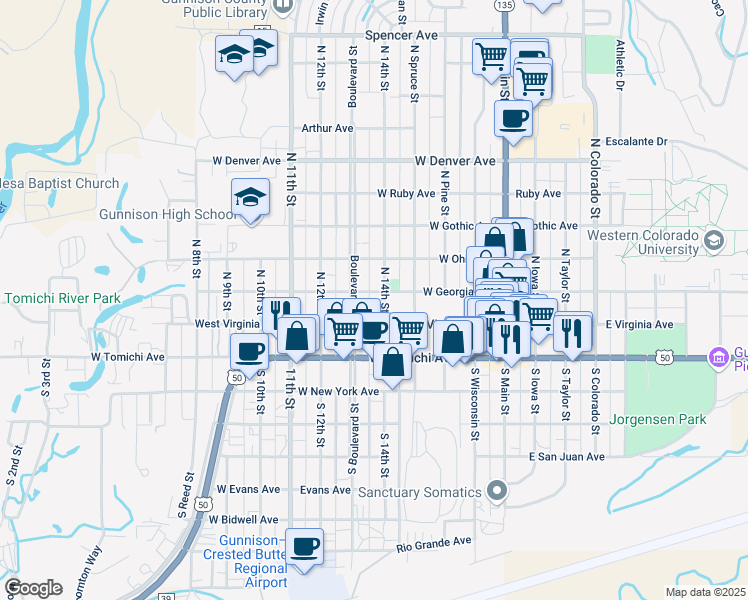 map of restaurants, bars, coffee shops, grocery stores, and more near 400 West Georgia Avenue in Gunnison