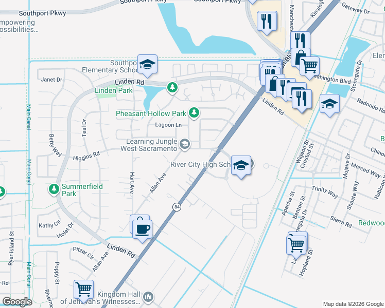 map of restaurants, bars, coffee shops, grocery stores, and more near 2690 Meadowlark Circle in West Sacramento