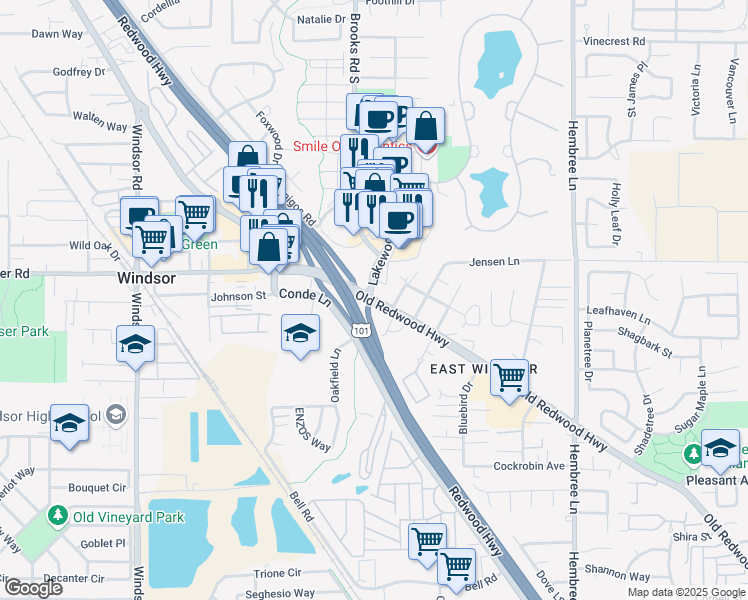 map of restaurants, bars, coffee shops, grocery stores, and more near 8700 Lakewood Dr in Windsor