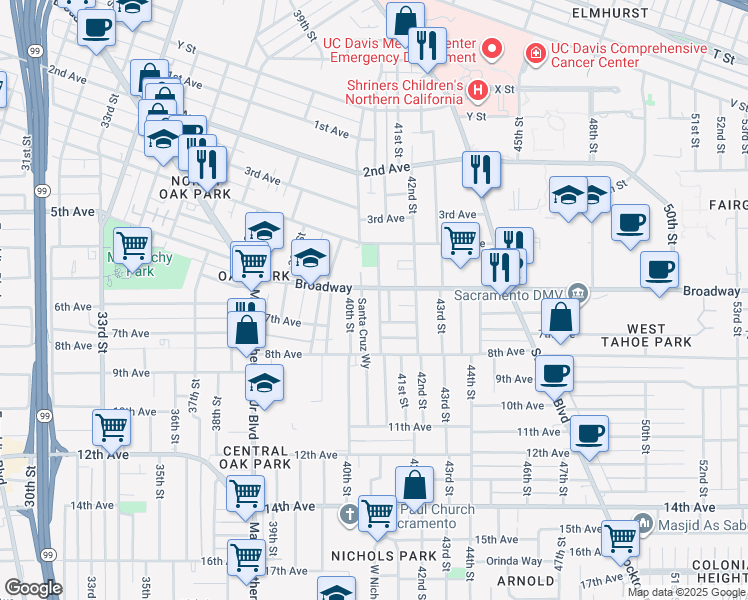 map of restaurants, bars, coffee shops, grocery stores, and more near 4041c Broadway in Sacramento