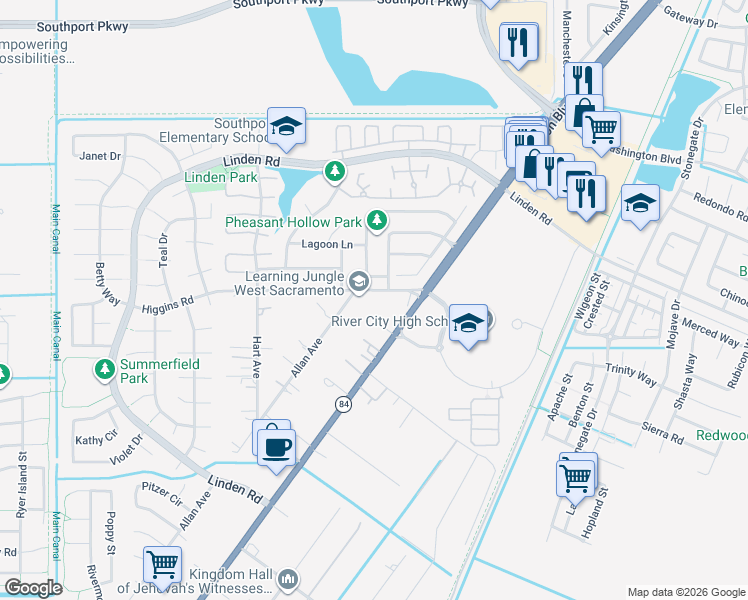 map of restaurants, bars, coffee shops, grocery stores, and more near 2690 Meadowlark Circle in West Sacramento