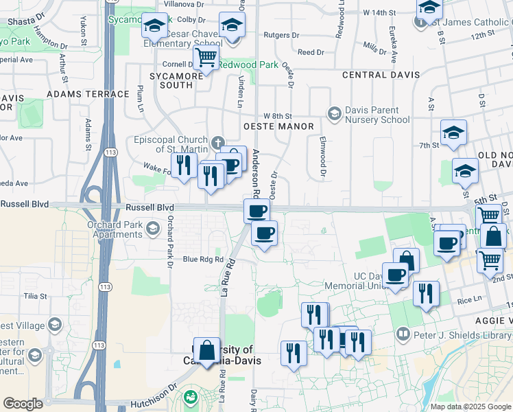 map of restaurants, bars, coffee shops, grocery stores, and more near in Davis