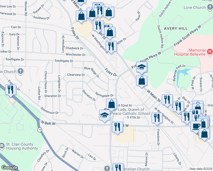 map of restaurants, bars, coffee shops, grocery stores, and more near 101 Blue Ridge Drive in Belleville