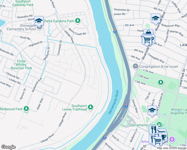 map of restaurants, bars, coffee shops, grocery stores, and more near 2822 Moonflower Street in West Sacramento