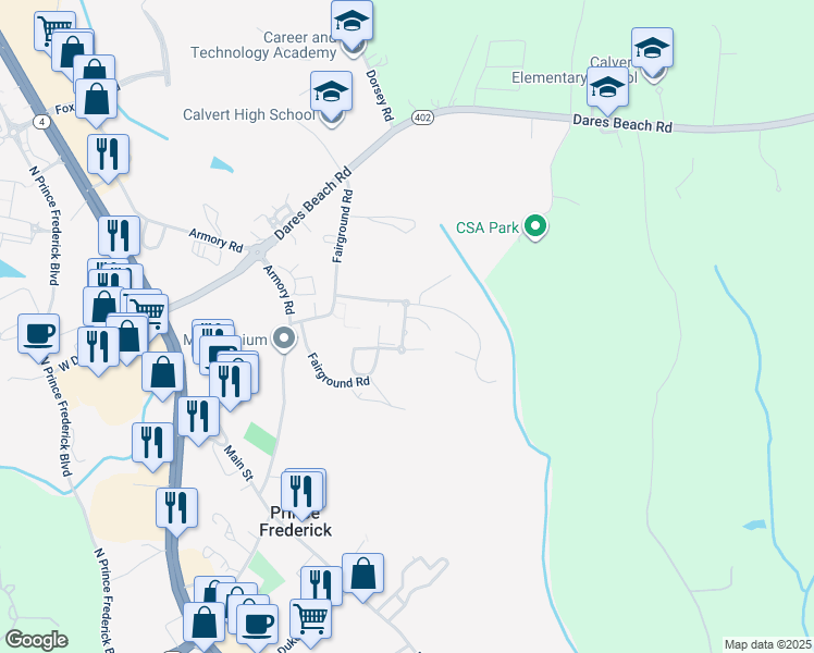 map of restaurants, bars, coffee shops, grocery stores, and more near  in Prince Frederick