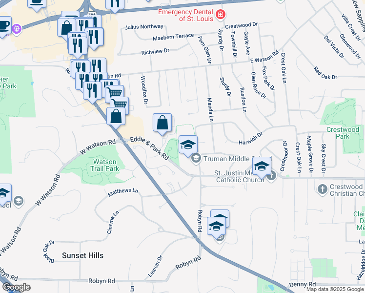 map of restaurants, bars, coffee shops, grocery stores, and more near 9011 Robyn Road in St. Louis