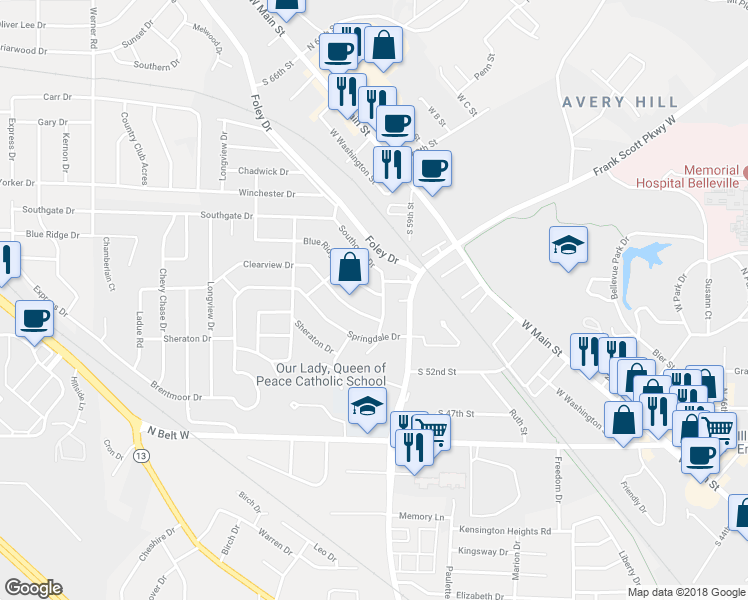 map of restaurants, bars, coffee shops, grocery stores, and more near 100 Blue Ridge Drive in Belleville