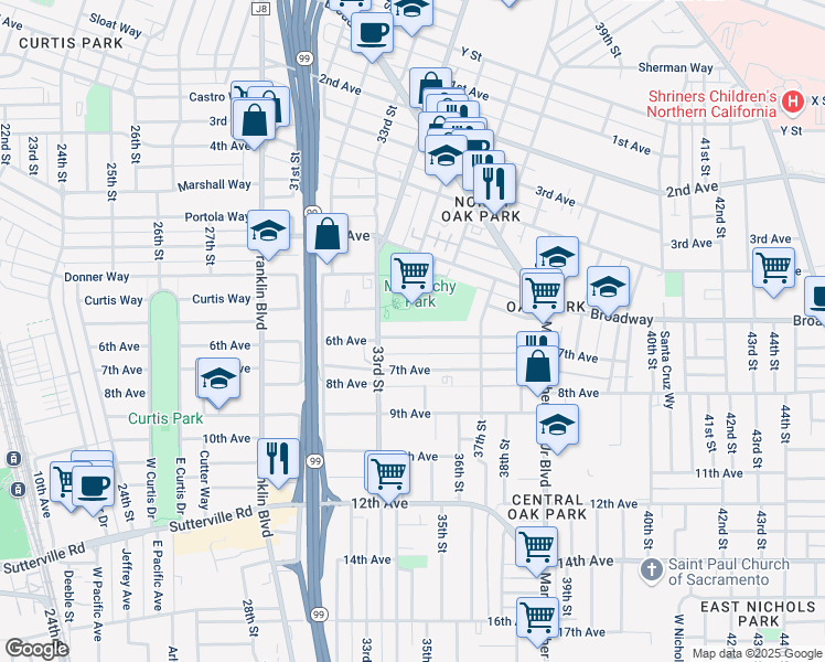 map of restaurants, bars, coffee shops, grocery stores, and more near 3417 6th Avenue in Sacramento